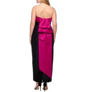 Badgley Mischka Black Strapless Orchid Pink Ribbon Detail Long Column Dress 14